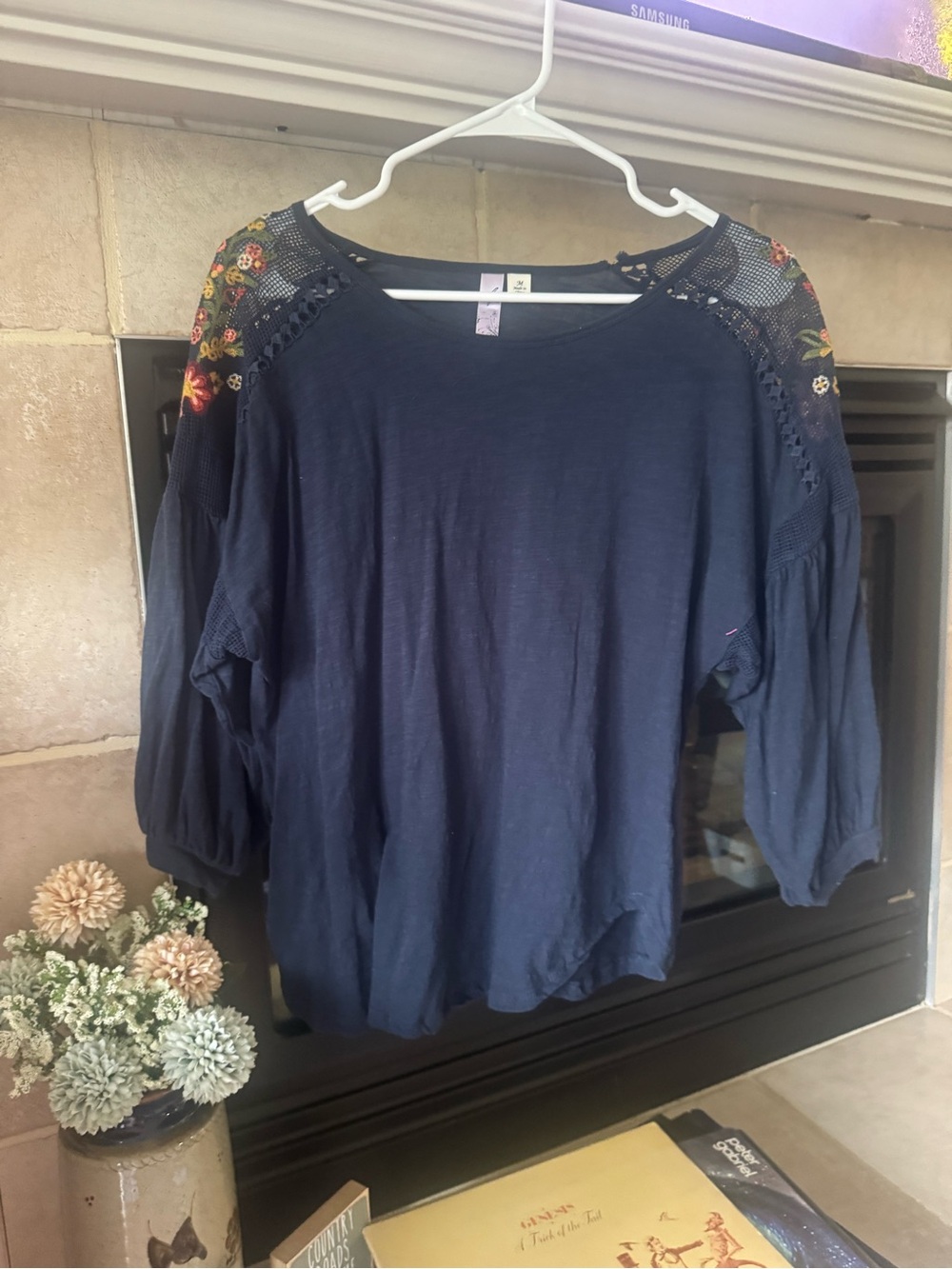 Alya Navy Long-Sleeve Top with Embroidered Mesh Shoulders